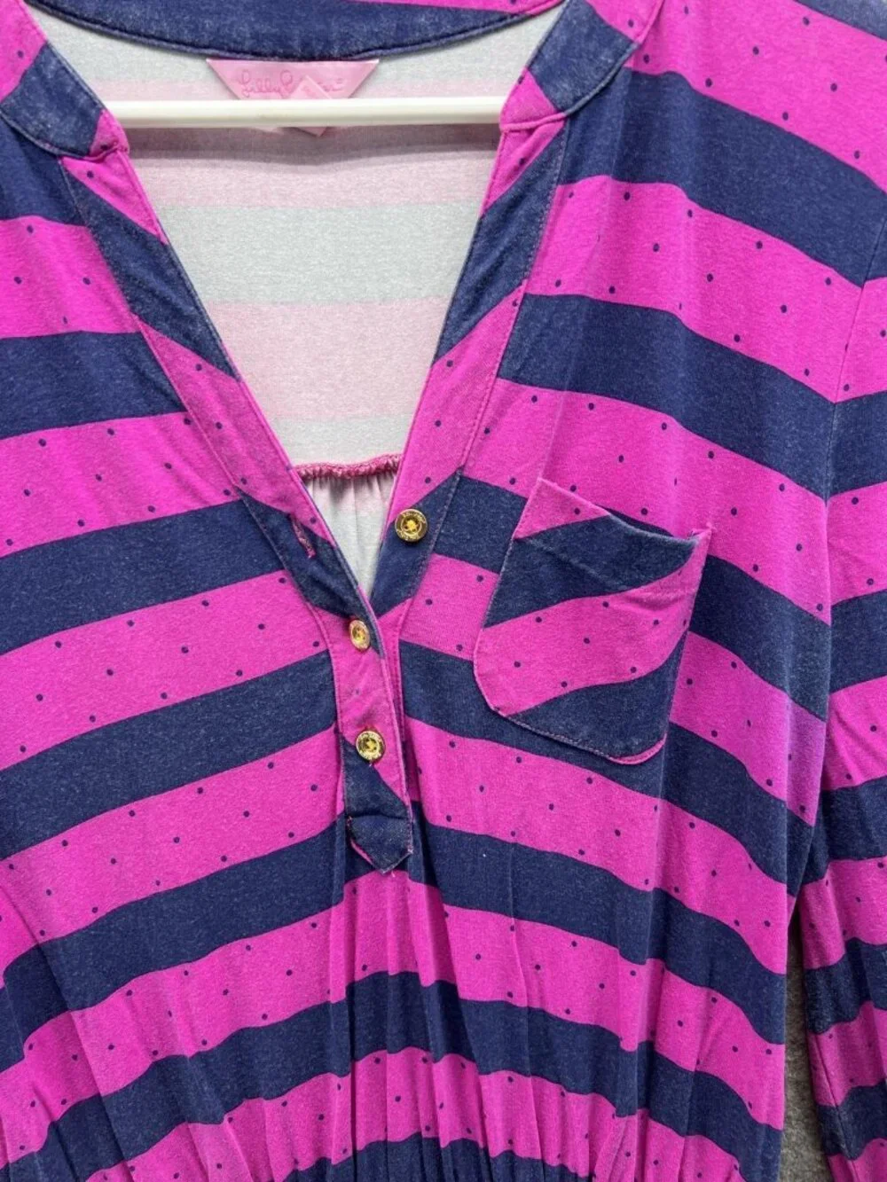 Lilly Pulitzer Dress Womens Small Pink Striped Henley 3/4 Sleeve Fit Flare Short
